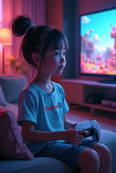 A girl playing ps 5 with a t-shirt written treasure001