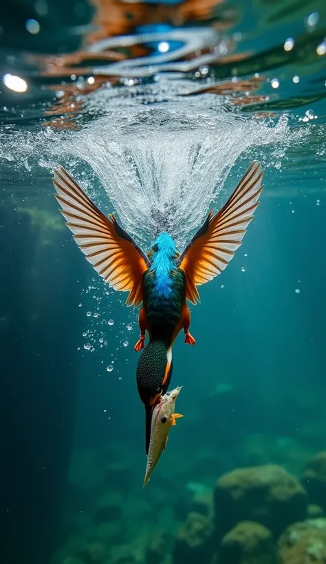 "A breathtaking professional underwater wildlife photograph capturing the precise moment a kingfisher plunges head-down back-view into the crystal-clear water. The natural deep colors of the scene are striking, with the kingfishers iridescent blue and oran...