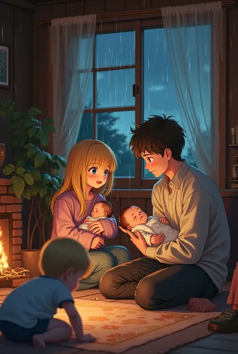 Semi realistic anime of blonde hair blue eyed girl and dark brown hair dark brown eyed boy with toddler and holding newborn baby in aesthetic cozy cabin with fireplace and plants, dark rainy window 