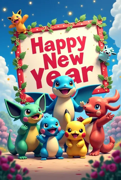 Pokemon ke Piche Bada sa board hai uska per Happy New year likha