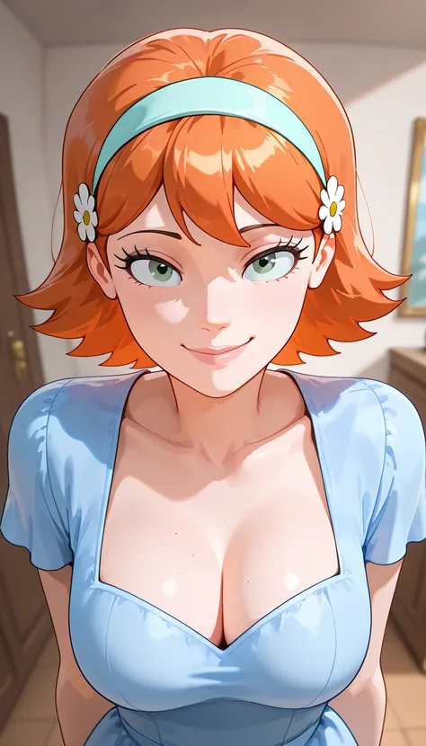 Jessica W. (Rick and Morty), j3ss1c4, 1girl, orange hair, hairband, breasts, smile, hair ornament, cleavage, short hair, blue dress, medium breasts, looking at viewer, score_9, score_8_up, score_7_up, score_6_up, score_5_up, score_4_up upper body, zPDXL