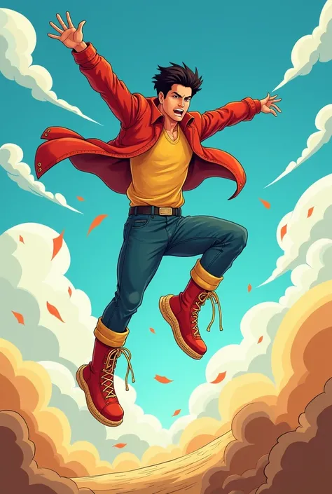 cartoon of a man flying through the air with sandwiches for feet allow him to run faster and jump higher , serious sam as smash characters, inspired by Daryush Shokof, heroic kicking pose, epic comic book style, official art, promotional art, epic action p...