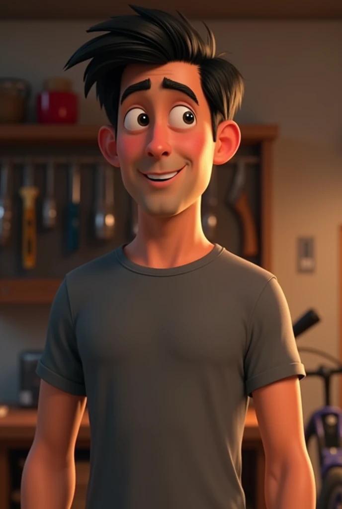 Create a Disney Pixar style close-up shot of Tommy’s dad, a man in his 30s with short black hair, wearing a grey t-shirt and jeans, with a slight smile on his face, speaking to Tommy. The point of view is straight on, capturing his facial expression clearl...