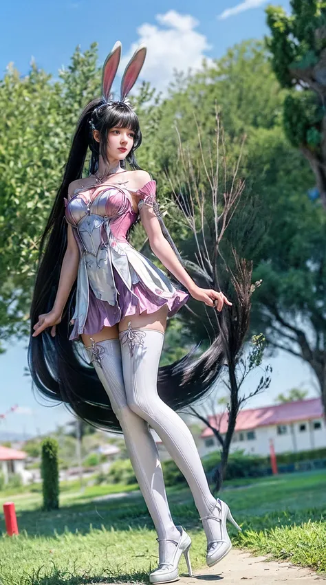 (1girl:1.3), AgainXiaowu, DLDLxiaowu, Solo, animal ears, rabbit ears, long hair, full body, brown hair, ponytail, tree, hair ornament, high heels, thighhighs, metal collar, sky, palm tree, blue sky, very long hair, dress, breasts, collar, outdoors, looking...