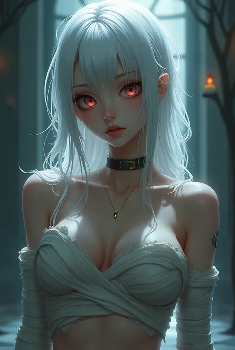 Sexy white-haired anime girl with bandages tied to her breasts