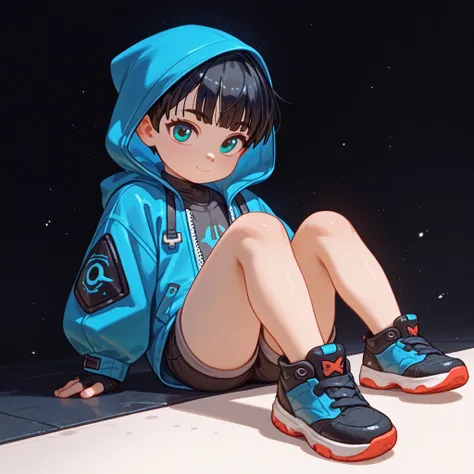 "A young boy with bright black hair , pixie cut , bright skin, and the soft expression , wearing future clothing. Blue hood .  The boy sitting.  The background is plain black ,  gives full focus to the character of the boy ,cute chibi."