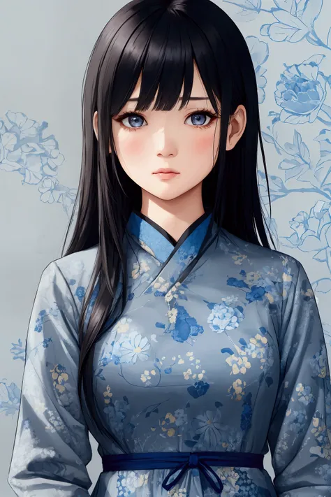 a woman, asian, bangs, hazelnut eye color, dress with details in the print with blue flowers and gray background, sad face, mature face{{well-made details}} {{house setting}}