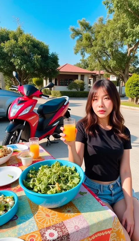 The image shows a Pretty Thai girl sitting on the ground in front of a table with a variety of food items on it. She is wearing a black t-shirt and denim shorts and is holding a glass of orange juice in her hand. The table is covered with a colorful tablec...