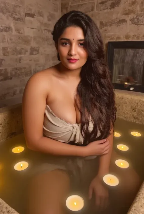 "A woman submerged in a deep stone bathtub filled with warm water and floating candles. Her bare shoulders and knees peek above the water’s surface, glistening softly in the golden candlelight. The surrounding bathroom features rustic stone walls and minim...