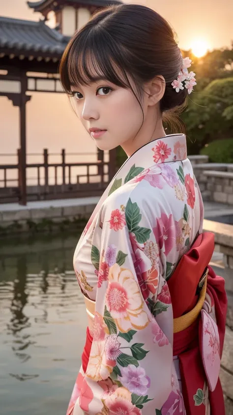 Best Quality, masutepiece, sunrise, 超A high resolution, (Photorealistic:1.4), Raw photo, 1girl in, Face the viewer, Beauty in kimono with a crane pattern, gros-plan, Looking at Viewer, castle town, Upstyle, Hair Ornament,Beautiful photos,is beautiful,Upper...