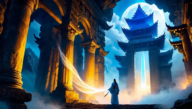 Create an awe-inspiring backdrop under a rare blue moon, casting eerie light on an ancient, sacred temple hidden deep in a mist-shrouded mountain. In the foreground, a figure wearing royal, angelic robes stands, holding a glowing ancient scroll that reveal...