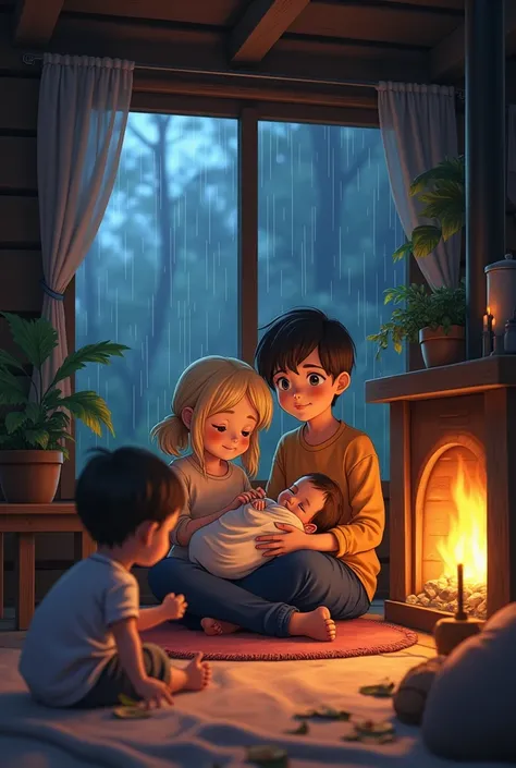 Semi realistic anime of blonde hair blue eyed girl and dark brown hair dark brown eyed boy with toddler and holding newborn baby in aesthetic cozy cabin with fireplace and plants, dark rainy window 