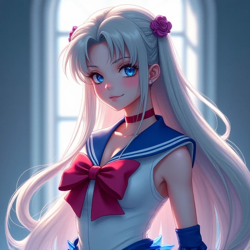  highly Detailed, 8K,  masterpiece, 1 girl, Highly Detailed two-tone gray _hair, dress , , (perfect_rostro), florida, intricate, Lighting Sailor Moon Breasts,  big breasts,  blue eyes,  blue eyes,  Long hair ,  masterpiece, Cinta de hair, 