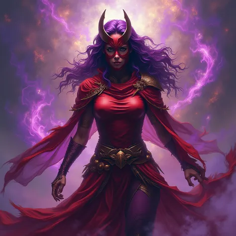 A powerful female warrior, seemingly a mythical figure, shrouded in vibrant swirling violet and gold energy, detailed with flowing, abstract textures. Her crimson attire and masked face are sharply contrasted against the ethereal glow around her.