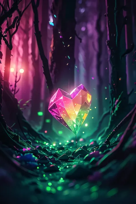 A stunning of a sparkling little crystal heart shape in dark purple color floating and shining in a fantasy green forest, dark purple with sparkle effect As the background, masterpiece, highly detailed. Fantasy, glittered effect, glittering, pink smokes As...