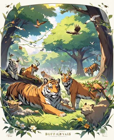 Pictures of animals in the ecosystem include trees with vines wrapped around them. birds nest in trees There are water sources and fields. On the grassland, there are tigers, lions, deer, and mynas on the backs of buffaloes. Bees and flowers, birds eat wor...