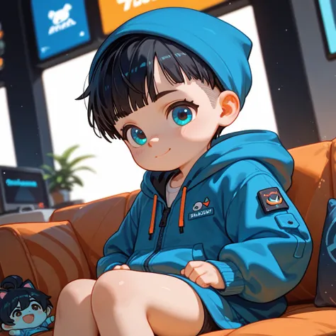 "A young boy with bright black hair , pixie cut , bright skin, and the soft expression , wearing future clothing. Blue hood .  The boy sitting.  The background is plain black ,  gives full focus to the character of the boy ,cute chibi."