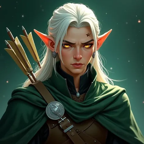 "Detailed and dramatic portrait of a male elf ranger:

Key Features:

Elegant masculine features with sharp angles.
Flowing, silky white hair with natural volume, slightly disheveled for a wilder aesthetic.
Intense, glowing golden eyes with a piercing gaze...