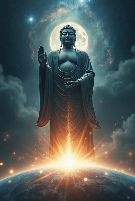 A huge Buddha statue floats in the void of the universe，Its face is peaceful and profound，Buddha statue hits the earth with one hand，Palm has shock wave effect，Surrounded by galaxies and nebulae。uhd,, high sharpness, high precision，4K
