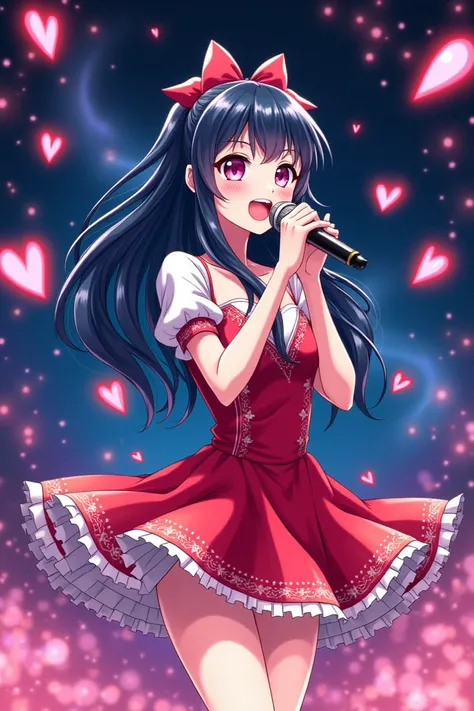  Manga drawing of a singer with long navy blue hair ,  pink eyes skin, red and white dress ,  singing with her microphone in love with hearts in space 