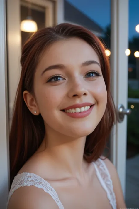 Masterpiece, ultra-realistic portrait, close-up. 4k 8k 16k. A very beautiful young woman (hailee steinfeld) with ((long), dark auburn hair) is sitting on a seat outside a tall glass door looking up to the sky. She is smiling radiantly and looks ecstatic, t...