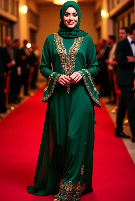 full body professional realistic photos of One Arabic Muslim women in green bead in flyings long hijab With Decoration Arabic necklace bead on her hijab Wearing high heel Wearing badlah dancer club arabic costum With fully covered all body red gold loose b...