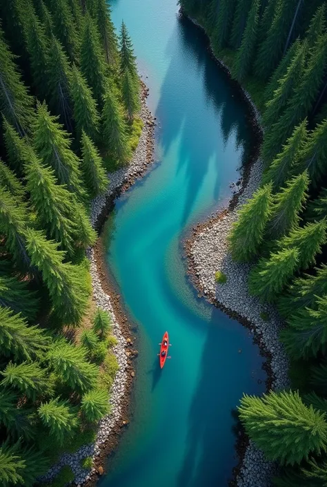 A breathtaking aerial view of a serene forest landscape with a winding river running through it. The river is a vibrant shade of blue, partially covered by a gentle mist, with rocky shores lining its edges. On the river, a bright red kayak with two people ...