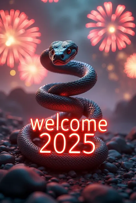 Very realistic snake forming welcome text and number 2025 with colorful fireworks background and foreground in 9:16 ratio