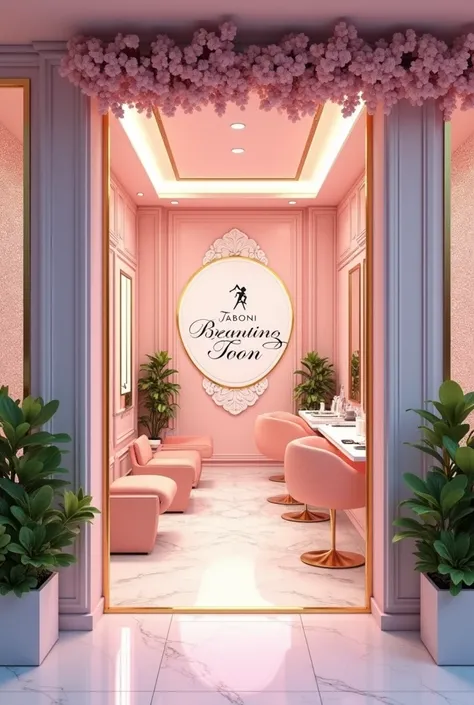 Scene Description:
A stylish and elegant beauty parlour storefront with a welcoming ambiance. Include vibrant and modern decorations, soft pastel colors (like pink, lavender, and white), floral accents, and a clean, luxurious design. The banner should evok...