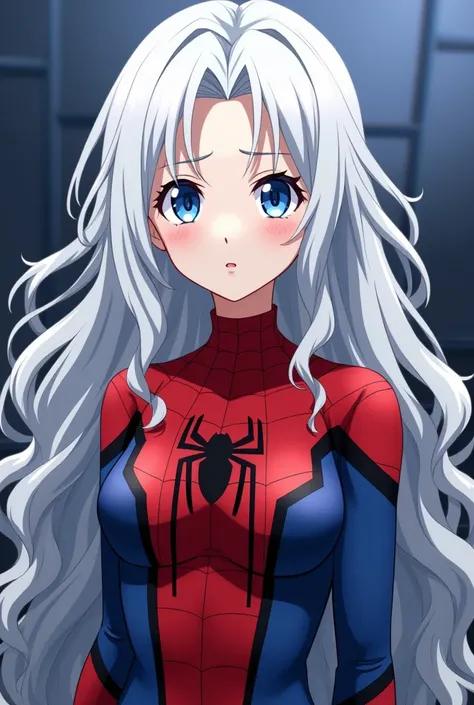  Screenshot of My hero Academia . Girl with long wavy white hair and blue eyes in a red and blue Spiderman costume with a black spider in the center and cobwebs around her with a small mole on her cheeks in the shape of a heart With features of the anime B...