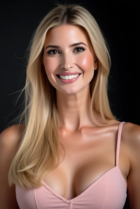 A professional portrait photo of ivankatrump, a tall woman. She has long blonde hair. She is wearing pink bra. She is looking at the viewer and she is smiling. The background is blurry and shows a dark photo studio canvas. The photo is professionally lit.
