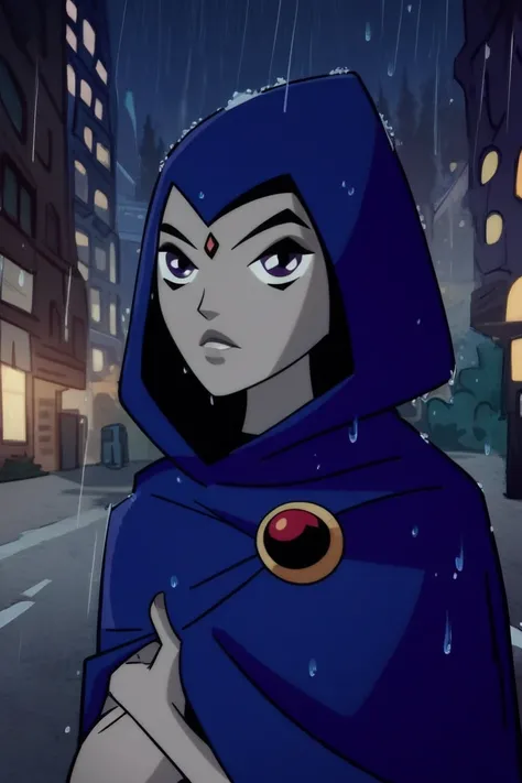 1girl, solo, raven (dc), purple eyes, purple hair, grey skin, forehead jewel, blue cape covering whole body, long blue cape, night, rain, forest, city, hood covered head, Looking at viewer, High Resolution, Best Quality, Masterpiece, 