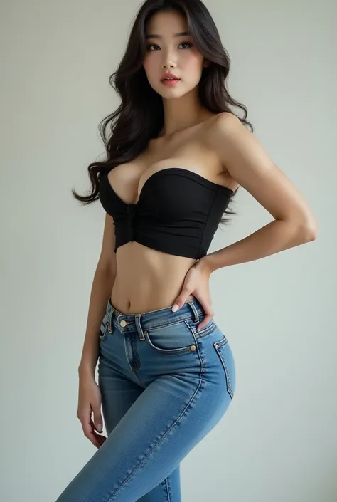 Beautiful korean woman, pale white skin, hourglass figure, stunning outfit, big breasts, slender waist, wide hips long legs. Make her pretty in black top and jeans