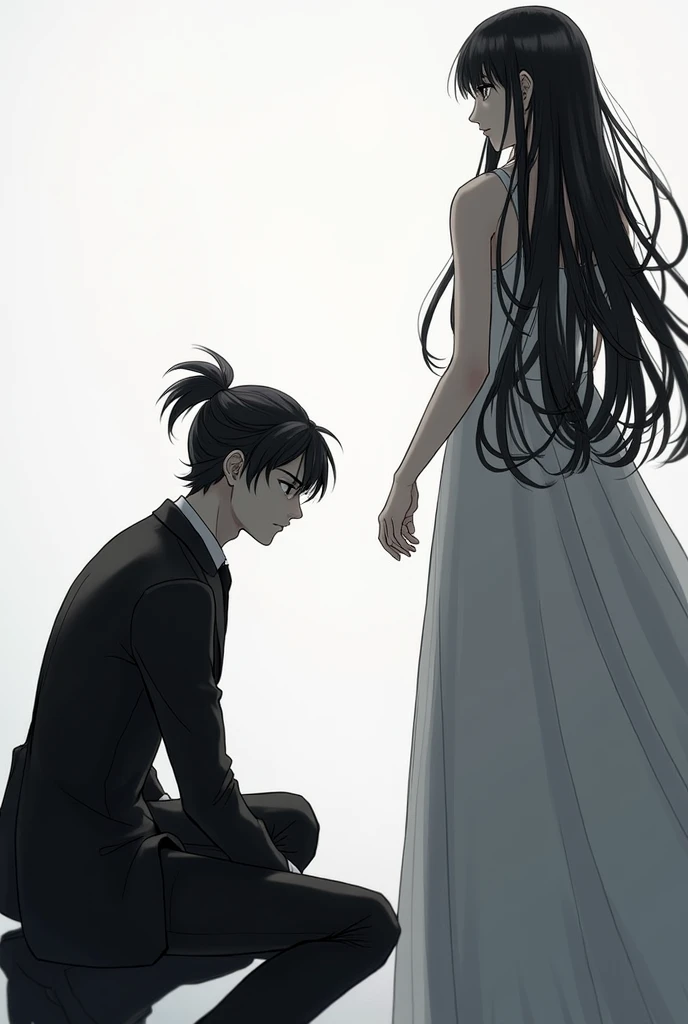  Man with a ponytail and fringe in his hair and dressed in formal attire kneeling watching the woman with long black and white hair and wearing a long dress, the woman standing watching the man  