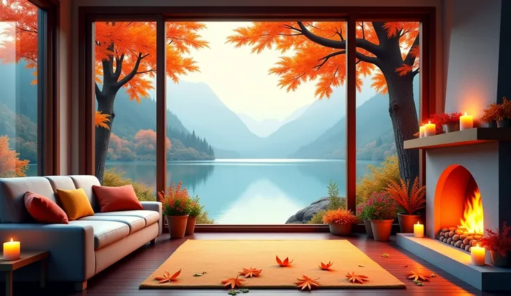 a lakeside room with autumn theme, the room has space with windows looking out to the outdoors with cozy sofa, fireplace, colorful flower pots, candles, large tree with autumn leaves, some autumn leaves on the ground, cafe with lake view, creating a high c...