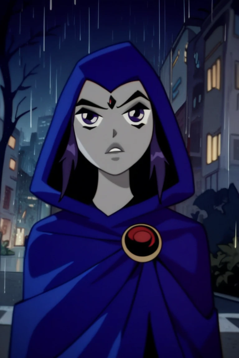 1girl, solo, raven (dc), purple eyes, purple hair, grey skin, forehead jewel, blue cape covering whole body, long blue cape, night, rain, forest, city, hood covered head, Looking at viewer, High Resolution, Best Quality, Masterpiece, 