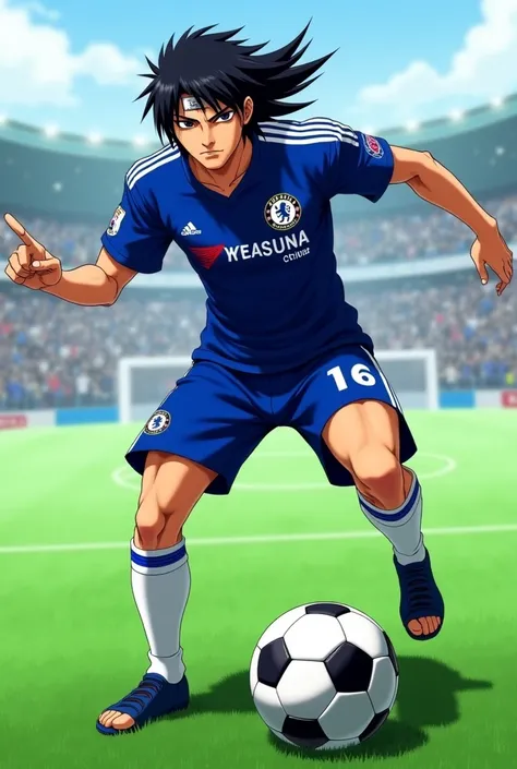 Make madara (Naruto) use a Chelsea football club shirt and the pose shooting the ball