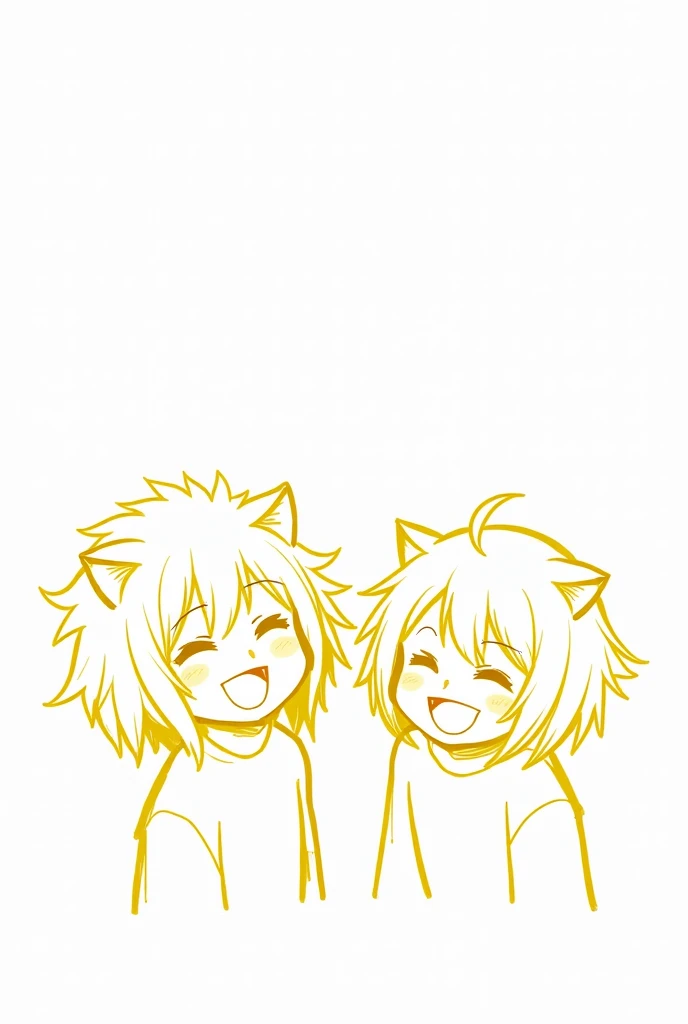 Two anime girls, lion-like hair, with cat ears, smiling a lot. The picture is a yellow sketch line on white paper.