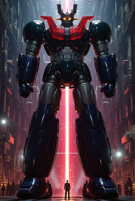  a very realistic version of the modified Mazinger Z,  Standing 100 meters high in a forward leaning position.   Its built with modern materials such as steel  ,   Carbon Fiber  ,   Other industrial elements are also visible  ,   just like the real thing  ...