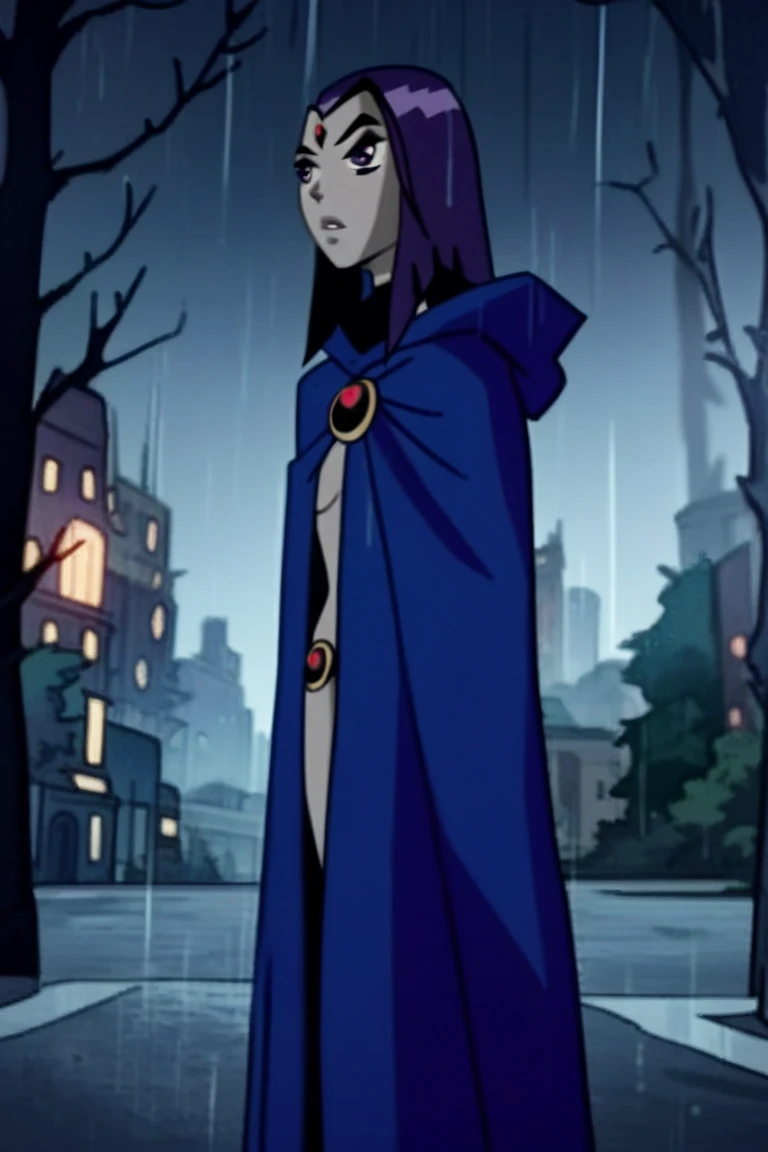 1girl, solo, raven (dc), purple eyes, purple hair, grey skin, forehead jewel, blue cape covering whole body, body cape, long blue cape, night, rain, forest, city, hood covered head, standing, Best Quality, Masterpiece, 