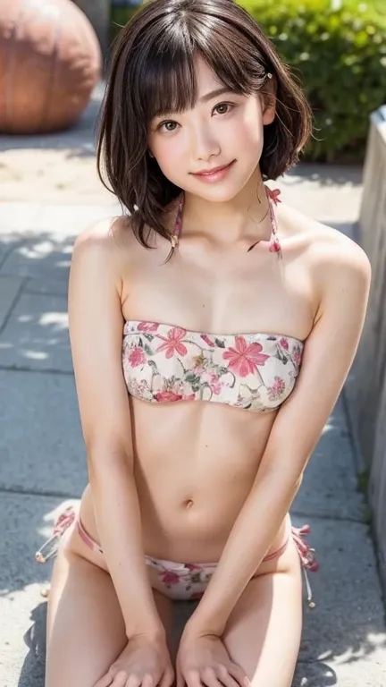  1 girl, (sexy floral strapless micro bikini:1.5), ( staring at the camera)、 Beautiful Japanese Models, ((blush、 embarrassing、smile:0.5))、(( small,  flat chest:1.3))、Photogenic, (( face flipping through clothes:1.2))、 big eyes、 has long eyelashes, ( RAW ph...