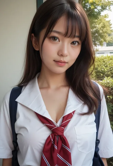 Cute Japanese college student, (Adult female body:1), School uniform, chest, tits, Photorealistic, photo-realistic