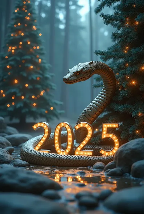 Snake in front of the inscription 2025  Christmas tree next to it  