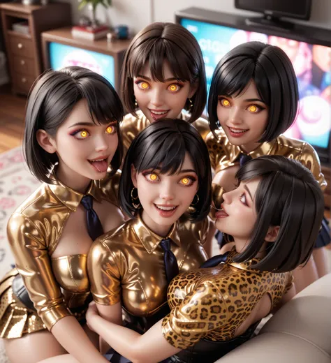 4 girls,    In extremely tight-fitting  , glittering ,  golden latex polo shirt   , bob cut,    black hair , Lens reflection,    reflective light   ,    high resolution ,    masterpiece,     sitting at the television in the apartment, startled,   glowing e...