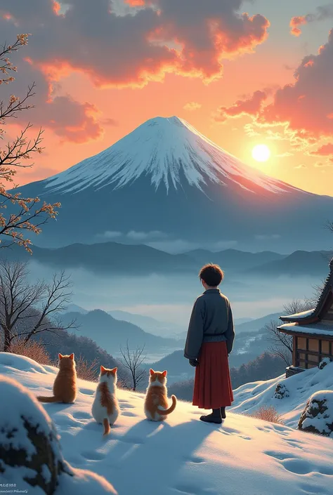 Winter Mountain、Japan、Human s watch the sun rise 、 cute kittens watch the sun rise、New Year、Meiji Period、Retro、s greatest masterpiece、