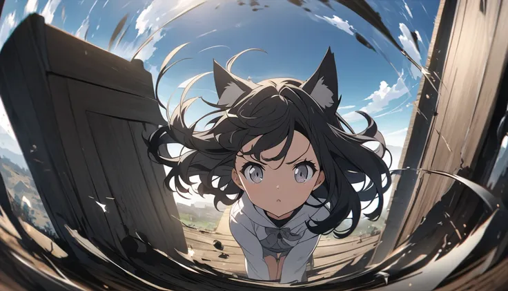 anime girl with black hair ,best ,Cat ears, black hair, wavy short hair, gray eyes,	in a panoramic view,Cat ear、girl、He has a gun pointed at me、Composition with the gun barrel visible from the front