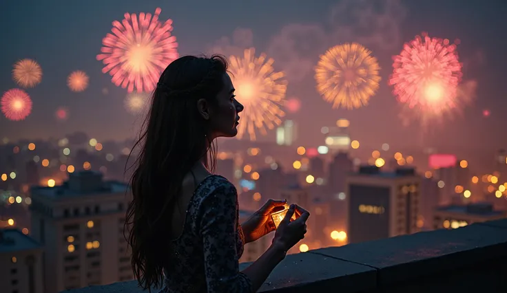 "A melancholic New Years Eve scene with a young woman standing alone on a rooftop, overlooking a city filled with fireworks and glowing lights. She gazes into the distance with tears in her eyes, holding a small keepsake in her hand. Her expression reflect...