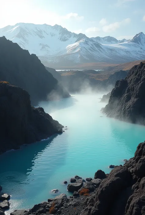 Icelandic Hot Spring Geothermal Pool: Capture the beauty of a geothermal pool in Iceland. Depict steaming turquoise water surrounded by black volcanic rock, with snow-capped mountains in the background.