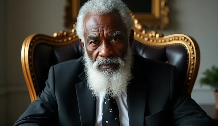 A real picture showing a wealthy Old black man from Nigeria, having white hair and beards,wearing beautiful black soot, sitting on the beautiful office chair, looking wealthy with 