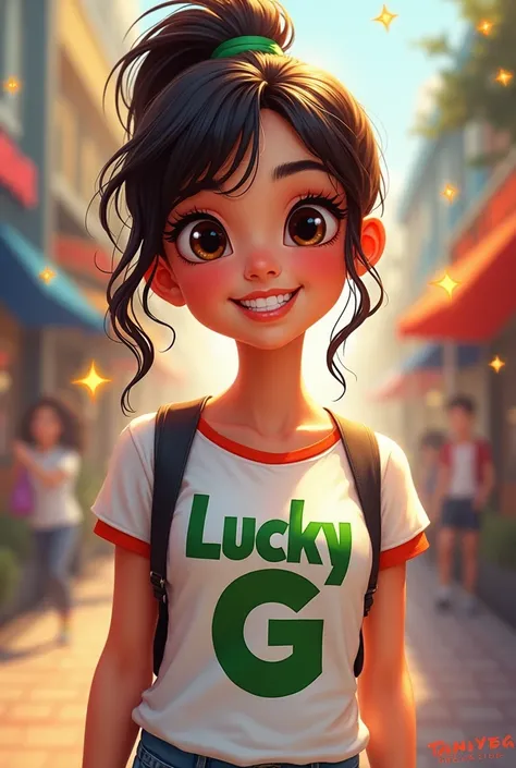 A girl with a t shirt written lucky G